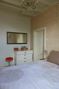 a bedroom with a bed and a dresser and a mirror at B&B Chez Nous in Geesteren