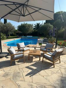 a group of chairs and an umbrella next to a pool at Les Palmiers in Le Muy