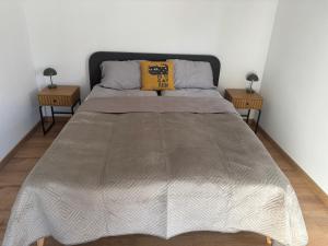 a bed in a room with two night stands at Apartament Przy Parku in Bełchatów