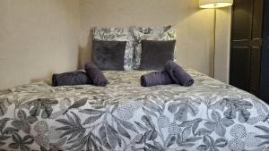 a large bed with purple pillows on top of it at Charmant T2 Spacieux idéalement situé - 2 chambres in Clermont-Ferrand