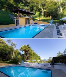 two pictures of a swimming pool and a house at Morada da Lua - Juquitiba in Juquitiba