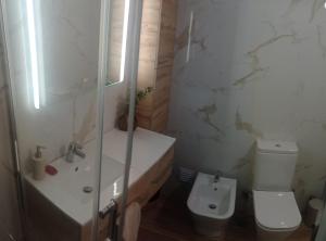 a bathroom with a shower and a toilet and a sink at Beach Blue Sesimbra in Sesimbra