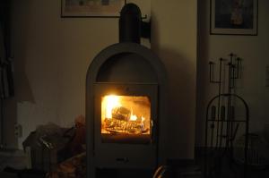 a fireplace with a fire in it in a room at Schwedenstern - Familienurlaub an der Ostsee in Kochendorf
