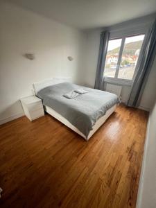a bedroom with a bed and a large window at Le Toit des Volcans - 8 couchages - Terrasse privée et Wifi in Clermont-Ferrand