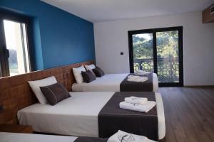 two beds in a room with blue walls and windows at Hôtel De La Promenade in Chevigney