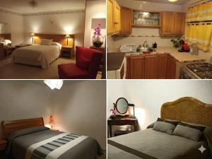 three pictures of a hotel room with two beds and a kitchen at Casa Brasa, Sol & Jardín in Guanajuato +3 photos