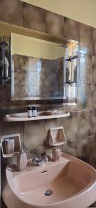 a bathroom with a sink and a mirror at Sounio Garden Retreat in Panayía +39 photos