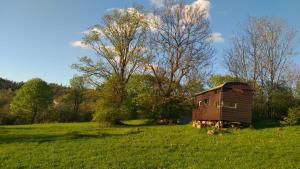 a wooden cabin in a field of green grass at Tiny house Suria - Český ráj in Prackov
