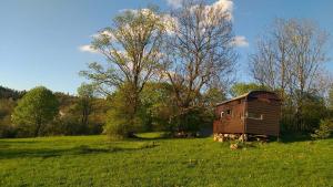 a wooden cabin in a field of green grass at Tiny house Suria - Český ráj in Prackov +10 photos