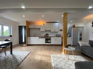 a kitchen and living room with a couch and a table at Pribe in Reiskirchen