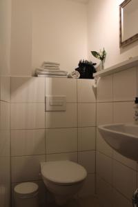 a white bathroom with a toilet and a sink at EG Die alte Stadtmühle von Kloster Zinna in Jüterbog