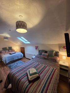 a bedroom with two beds and a lighted ceiling at Antrim Heights B&B Panoramic Views & Free Parking in Antrim
