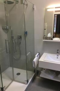 a bathroom with a shower and a sink at Hotel Schloss Rabenstein in Chemnitz