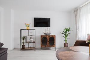 a living room with a tv on a white wall at Kokett Apartment in Neu-Ulm
