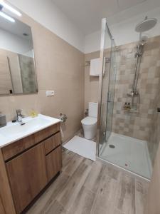 a bathroom with a shower and a sink and a toilet at Sella Rooms in Arriondas +49 photos