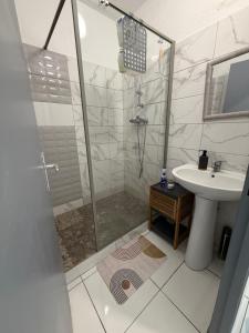 a bathroom with a shower and a sink at Appartement 3 chambres récemment rénové in Les Abymes