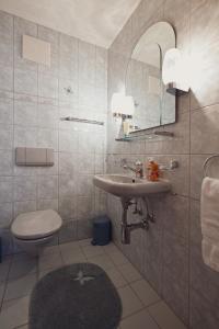 a bathroom with a sink and a toilet and a mirror at Gemütliche Ferienwohnung in Ladir bei Flims Laax in Ilanz +29 photos