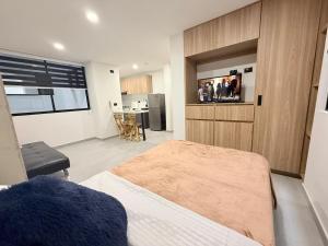 a bedroom with a bed and a tv on a wall at Total Comfort Studio Santa Rosa in Santa Rosa de Cabal
