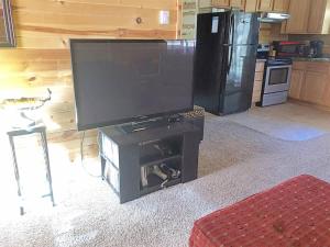 a living room with a large flat screen tv at Schuster's Cabin in Custer