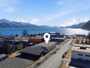 an aerial view of a town next to a body of water at Hotel North in Seward +14 photos