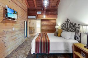 a bedroom with a bed and a tv on a wall at Wimberley Log Cabins Resort and Suites- Unit 3 in Wimberley