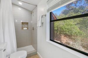 a bathroom with a window and a toilet and a shower at Wimberley Log Cabins Resort and Suites- Unit 2 in Wimberley