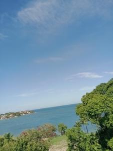 a view of the ocean from a hill with trees at Renascer in São Pedro da Aldeia