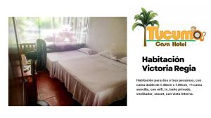 a flyer for a hotel with two beds in a room at Tucuma Casa Hotel in Leticia