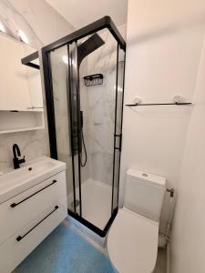 a bathroom with a shower and a toilet and a sink at Le Studio Morny in Deauville +6 photos