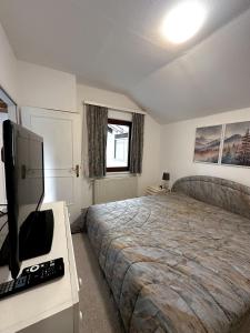a bedroom with a bed and a flat screen tv at Apartment nahe Semmering mit Sauna, Kamin & Terrasse in Enzenreith