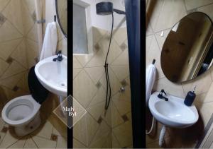 two pictures of a bathroom with a toilet and a sink at Malý Byt in São João Nepomuceno +8 photos