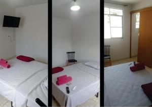 two pictures of a room with two beds at Malý Byt in São João Nepomuceno