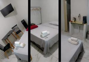 two pictures of a bedroom with a bed and a table at Malý Byt in São João Nepomuceno