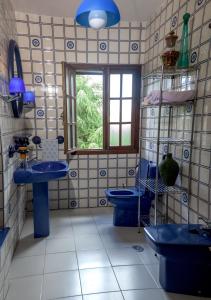 a bathroom with two blue toilets and a window at Casa da Curuxeira in Santiago de Compostela