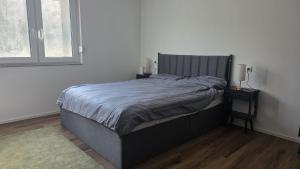 a bed in a white room with a window at Spacious Apartment for 8 Guests in Tuttlingen