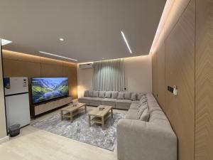 a living room with a couch and a flat screen tv at رولارا بلازا in Medina