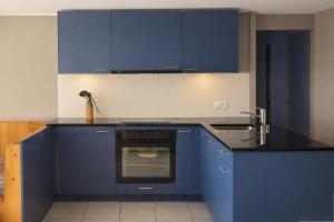 a blue kitchen with a sink and blue cabinets at Maison D'Hortense chalet le Chamois in Hérémence