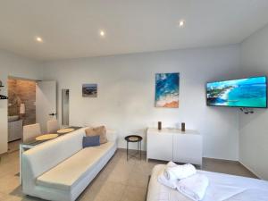 a living room with a couch and a tv on the wall at Villa Sirena Azul Apt 1 in Palm-Eagle Beach
