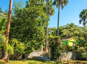 a house with palm trees and a stone wall at Nirvana Apartments & Auto Camp in Kumbor