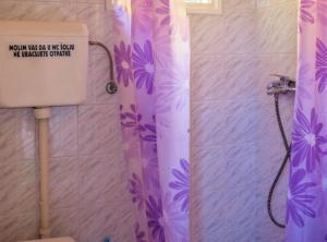 a bathroom with a shower with a purple shower curtain at Nirvana Apartments & Auto Camp in Kumbor
