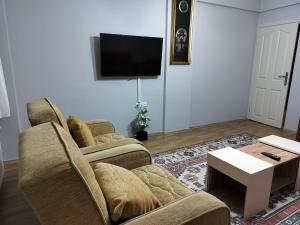 a living room with two chairs and a flat screen tv at Karakum Panorama Suites in Sinop