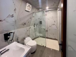 a bathroom with a shower and a toilet and a sink at The host in Kanatal