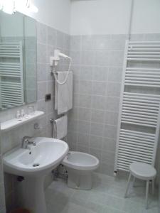 a bathroom with a sink and a toilet and a mirror at Hotel Alla Dolina in Sistiana