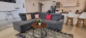 a living room with a blue couch and a table at Crater Serenity Studio in Curepipe