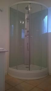 a shower with a glass door in a bathroom at Gite la ruche in Senon