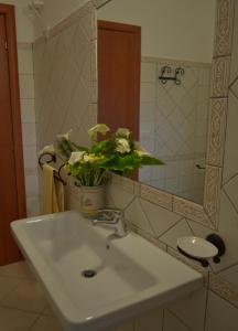 a bathroom sink with a vase of flowers on it at Le Mimose in Cala Liberotto