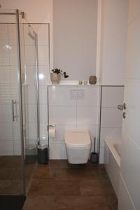 a bathroom with a toilet and a glass shower at Heimathaven 2 in Bremerhaven +19 photos