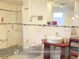 a bathroom with a sink and a shower at Ferienwohnung de Lark Penthouse mit Nordseeblick in Dorum-Neufeld