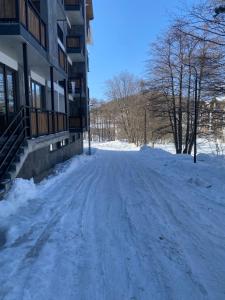 a snow covered street in front of a building at Cozy apartment Dvali in Bakuriani