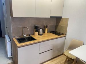 a small kitchen with white cabinets and a sink at Cozy apartment Dvali in Bakuriani +23 photos